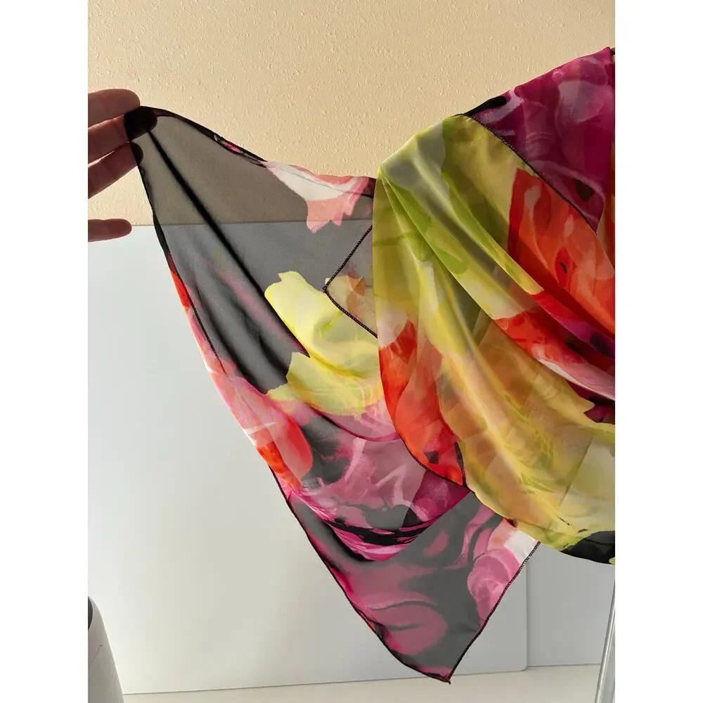 Colorful Chiffon Scarf Watercolor Floral Design Pink Orange Green Black 58
